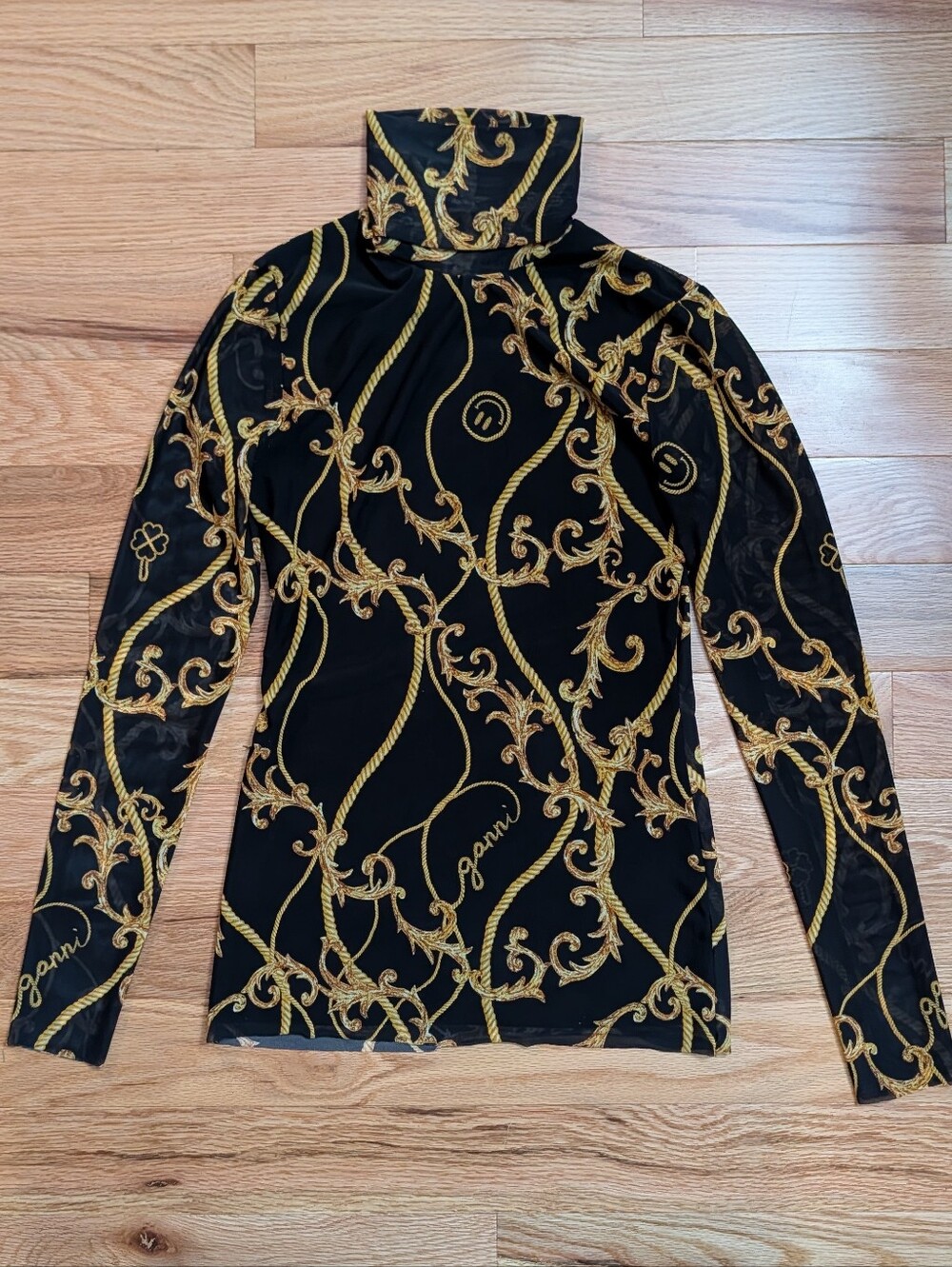 GANNI Black Gold Baroque Printed Mesh Turtleneck Top Size 36 EU US 4 Scandi Chic